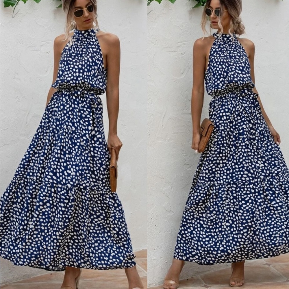 Boho Gypsy Halter Belted Maxi Dress New NAVY - Picture 3 of 3